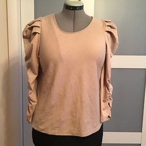 5/$15 DREW Anthropologie Tan Puff Ruched Leg of Mutton Long Sleeve Top Size S